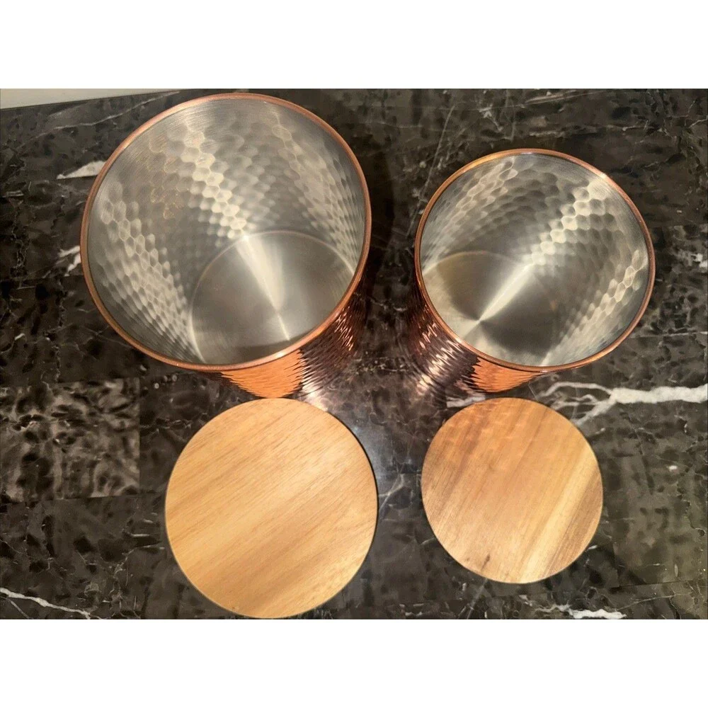 Uncommon James Copper Canister Set Of 2 Hammered with Wood Lids 45 Oz & 25 Oz
